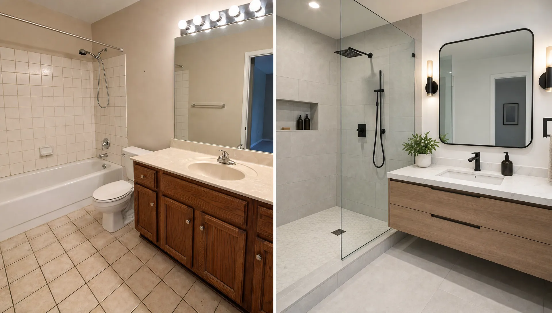 A bathroom before-and-after split shows old tiles and a bulky vanity on one side and a walk-in shower with a floating vanity on the other.