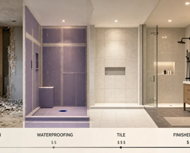A bathroom remodel is shown as a progression from demolition and waterproofing to tiles, vanity, and shower finishes.
