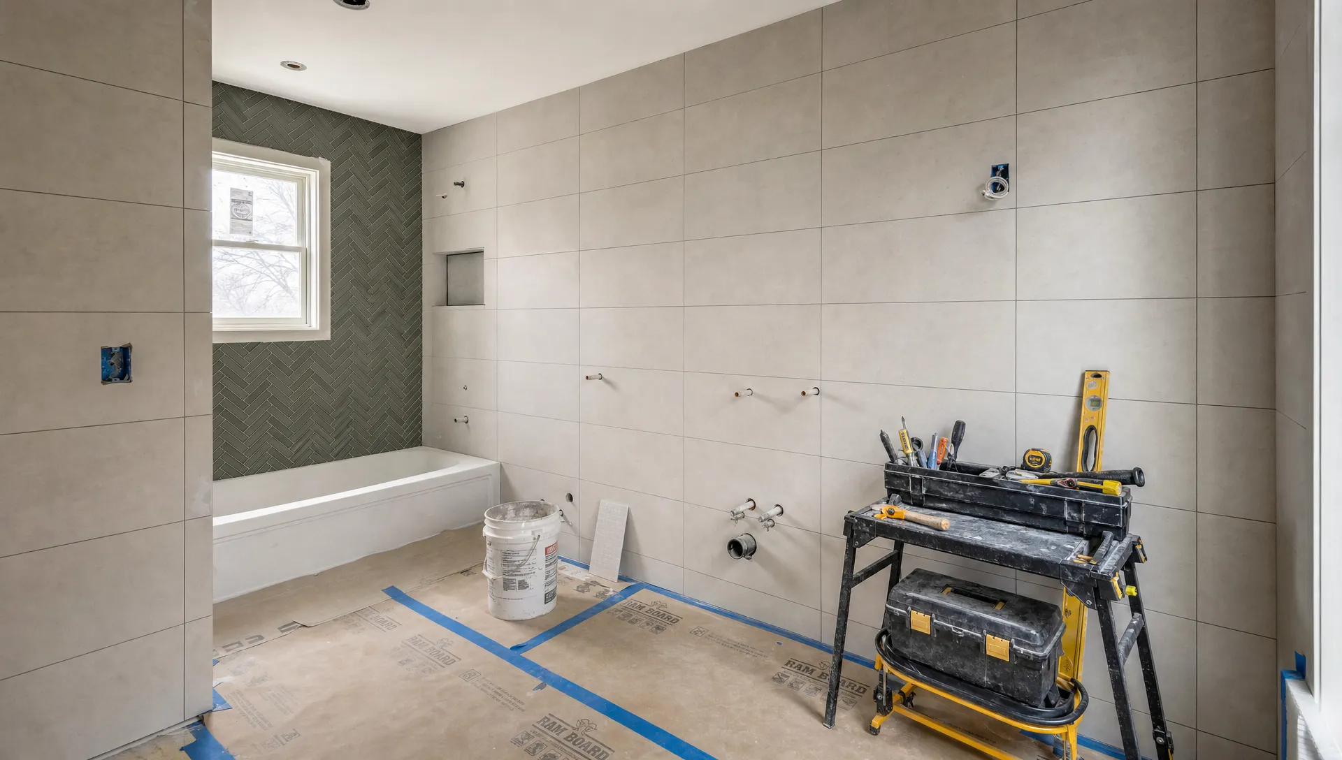A bathroom renovation in progress with new wall tiles, protected flooring, prepared plumbing points, and neatly organized tools in a clean and professional worksite.
