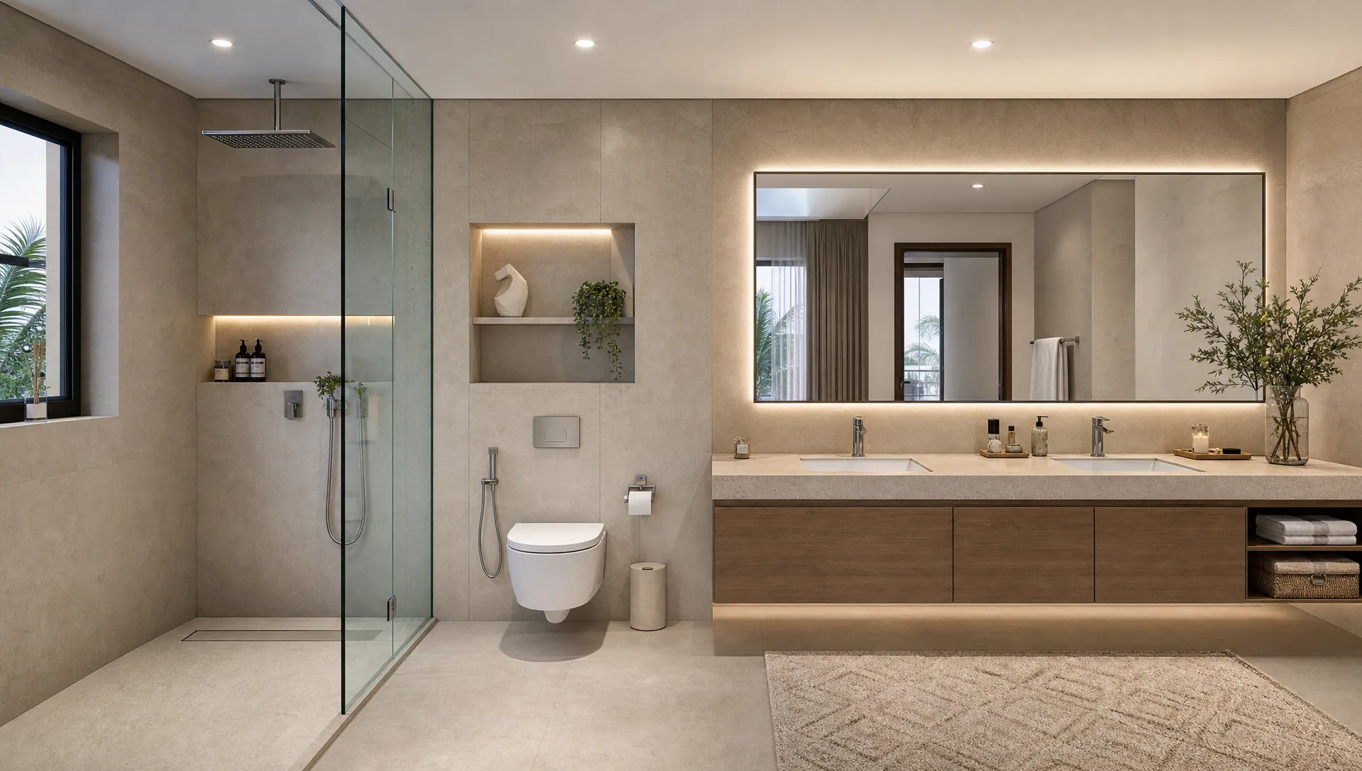 A bright modern bathroom with a walk-in glass shower, floating vanity, large mirror, warm lighting, neutral stone tiles, and neatly integrated storage in a UAE villa setting.