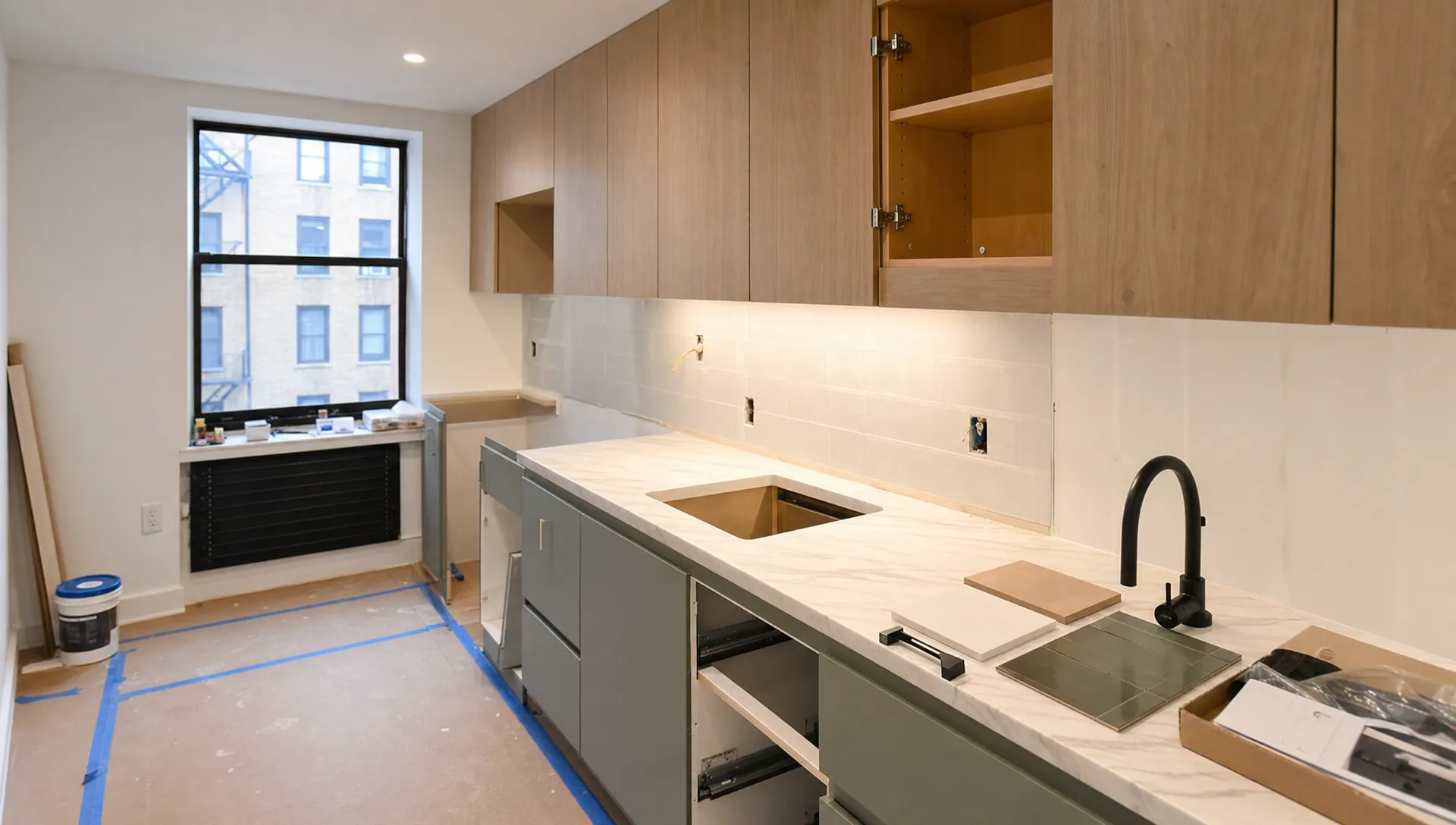 A compact apartment kitchen renovation in progress, with cabinet panels being fitted, protected flooring, a sink cutout ready for installation, and sample finishes laid out on the counter.
