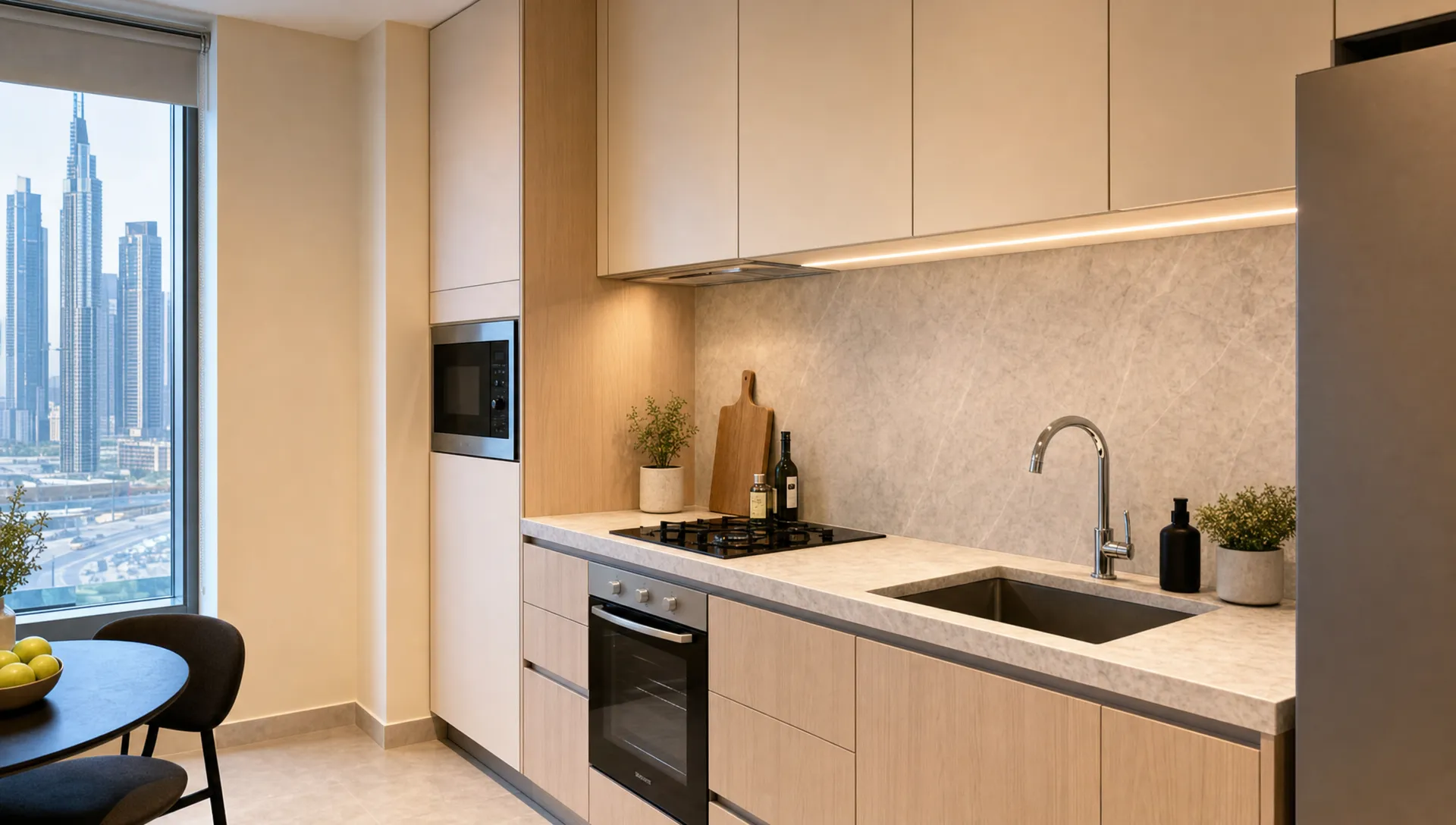 A compact Dubai apartment kitchen shows light cabinetry, a stone-look countertop, a small sink, a built-in hob and efficient storage.