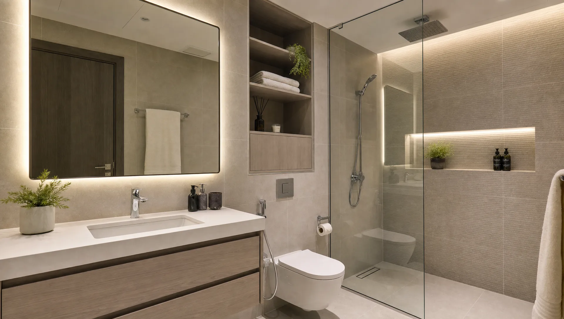 A compact renovated Dubai bathroom with porcelain tiles, a floating vanity, a glass shower screen, a wall mirror, and built-in storage.