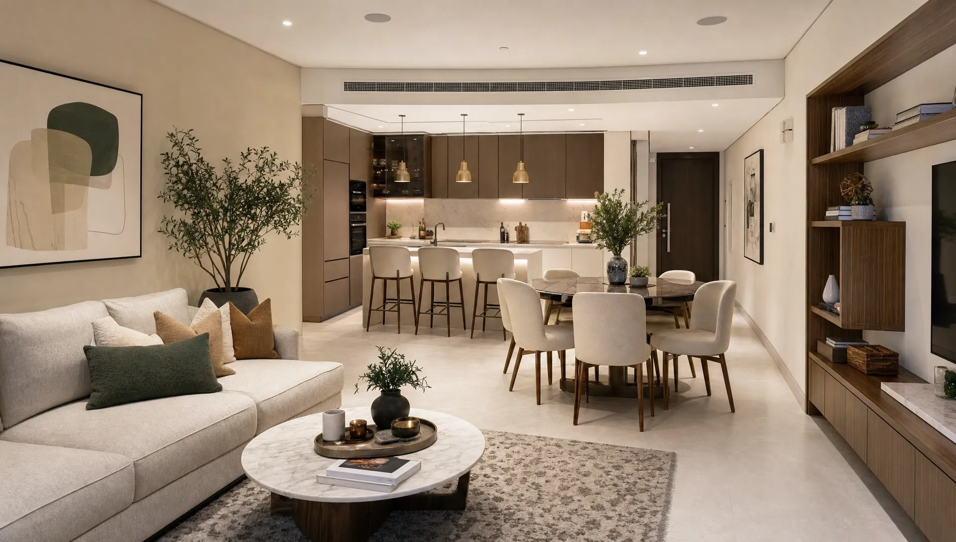A connected living, dining, and kitchen area shows clear walking paths, built-in storage, and a calm remodeled UAE home interior.