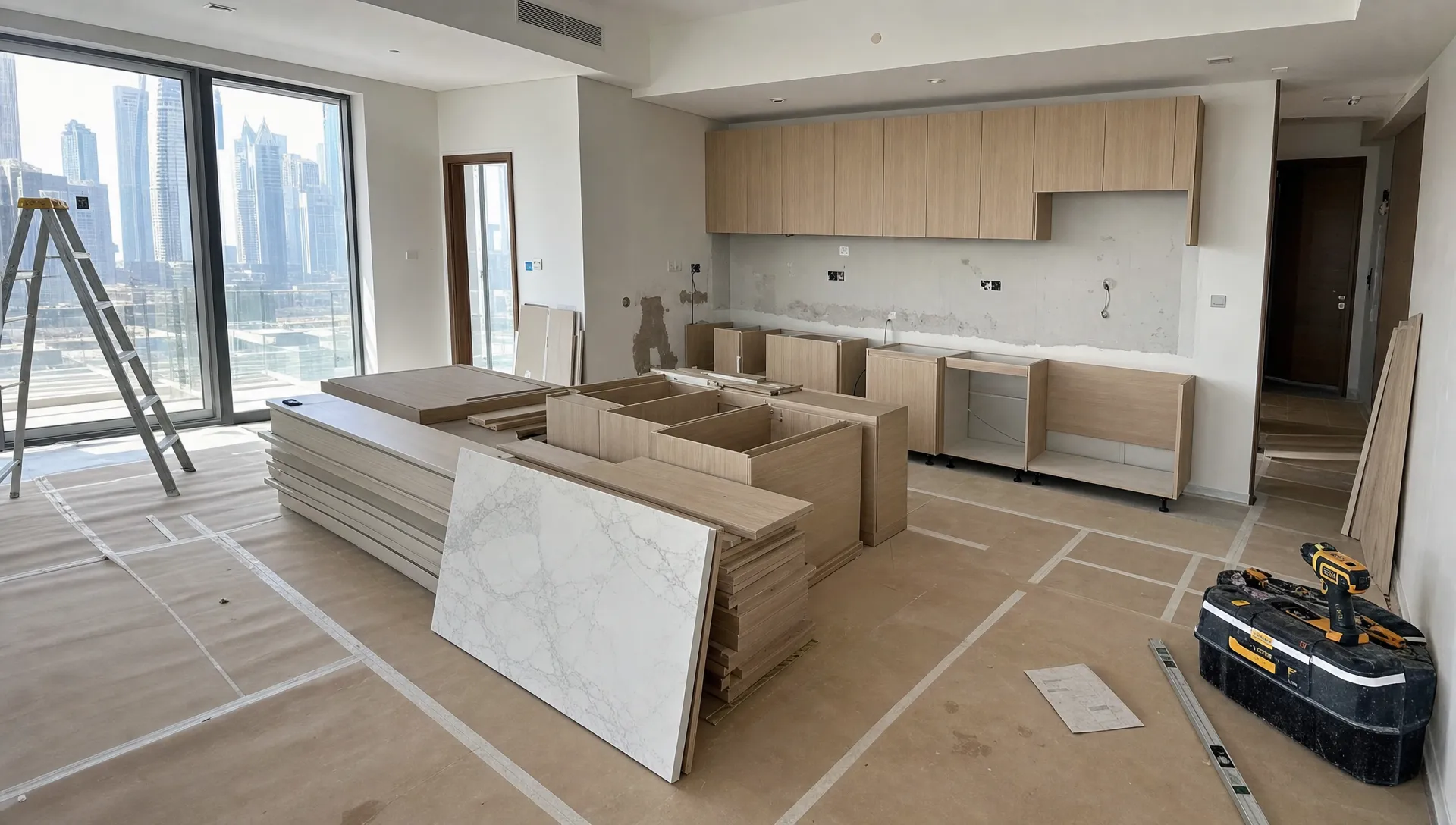 A Dubai apartment kitchen renovation site with flat-pack cabinets, a countertop sample, floor protection, and tools arranged for installation.