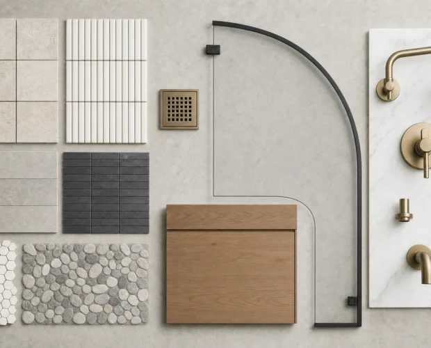 A grid of tile samples and fixture shapes suggests bathroom renovation choices.