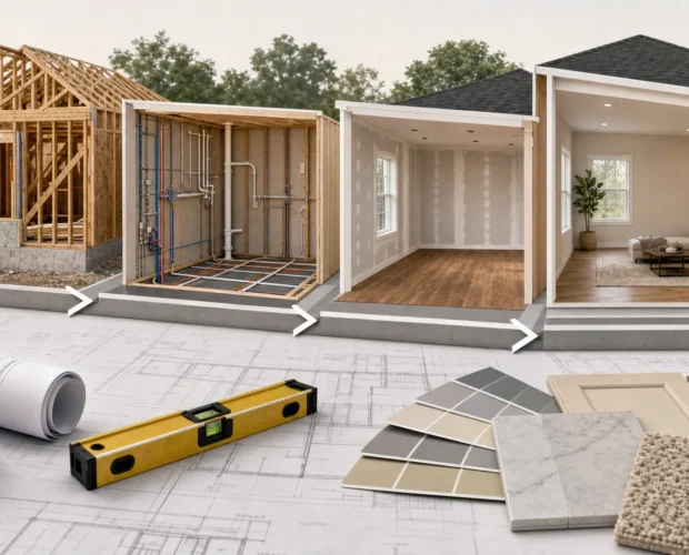 A home renovation path moves from structural work to finished interiors in a simple sequence.