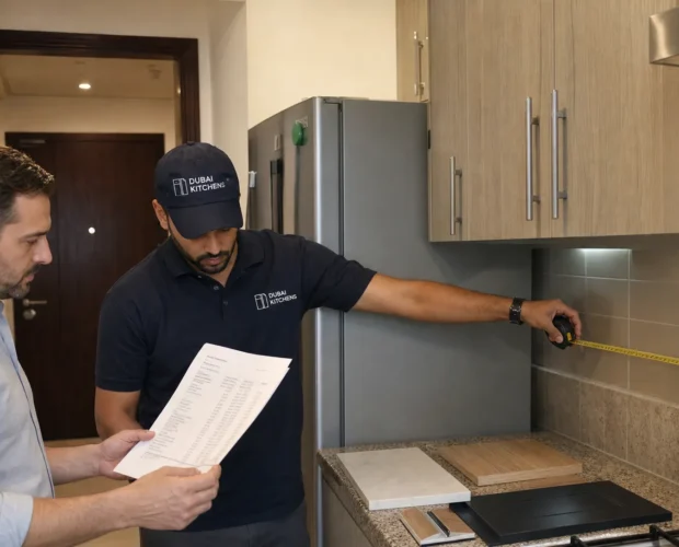 A homeowner and contractor review a kitchen renovation estimate while measuring a compact Dubai kitchen.