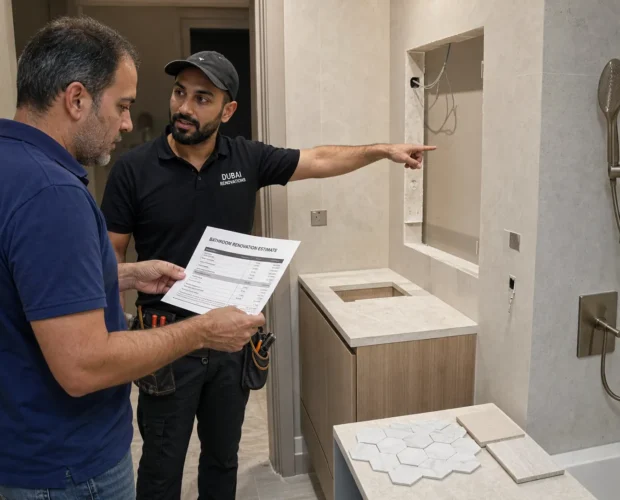 A homeowner and contractor review a small bathroom renovation estimate while standing inside the compact room.