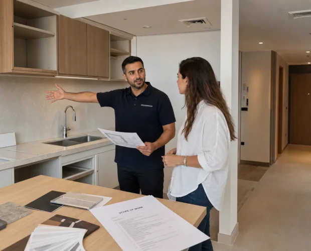 A homeowner and kitchen consultant review layout and scope during an apartment site visit in Dubai.