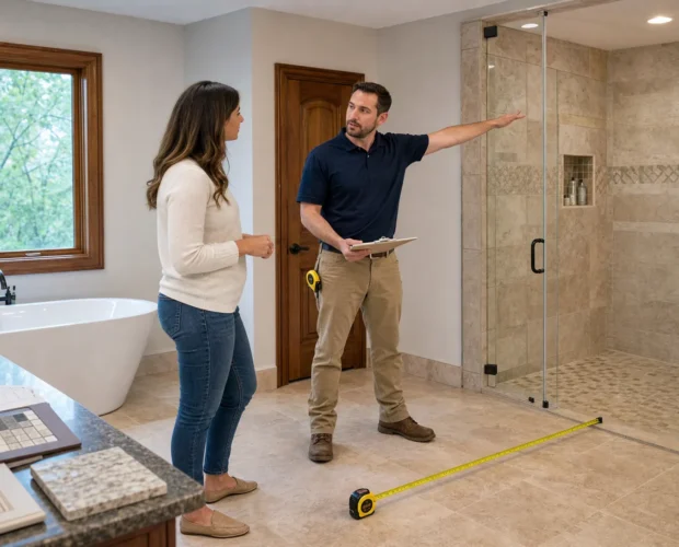 A homeowner and renovation specialist review measurements in a villa bathroom before remodeling.