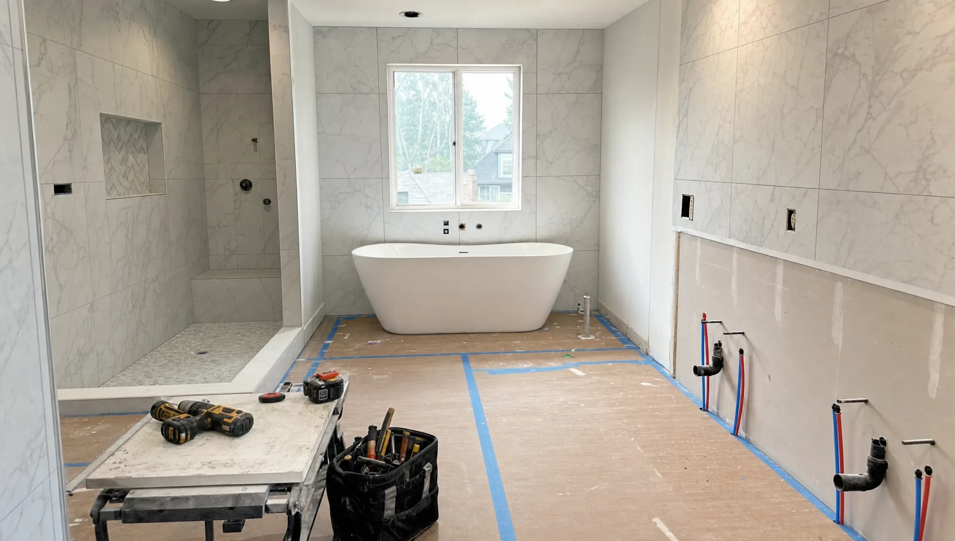 A luxury bathroom remodeling site in progress, with new wall tiles, protected flooring, neatly organized tools, and exposed plumbing prepared for fixture installation.