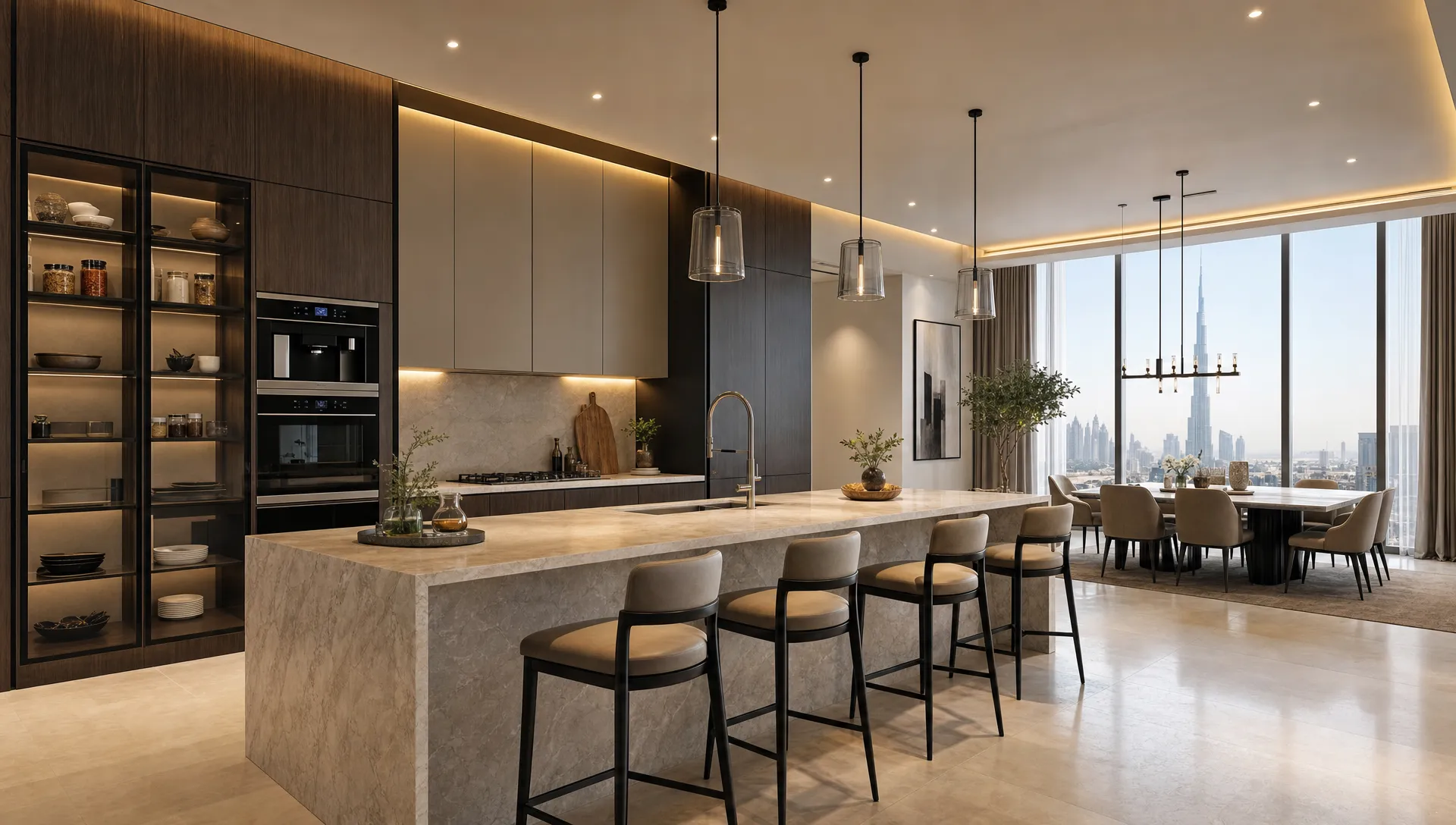 A luxury UAE kitchen features a large stone island, tall pantry storage, integrated appliances and a dining area beside it.