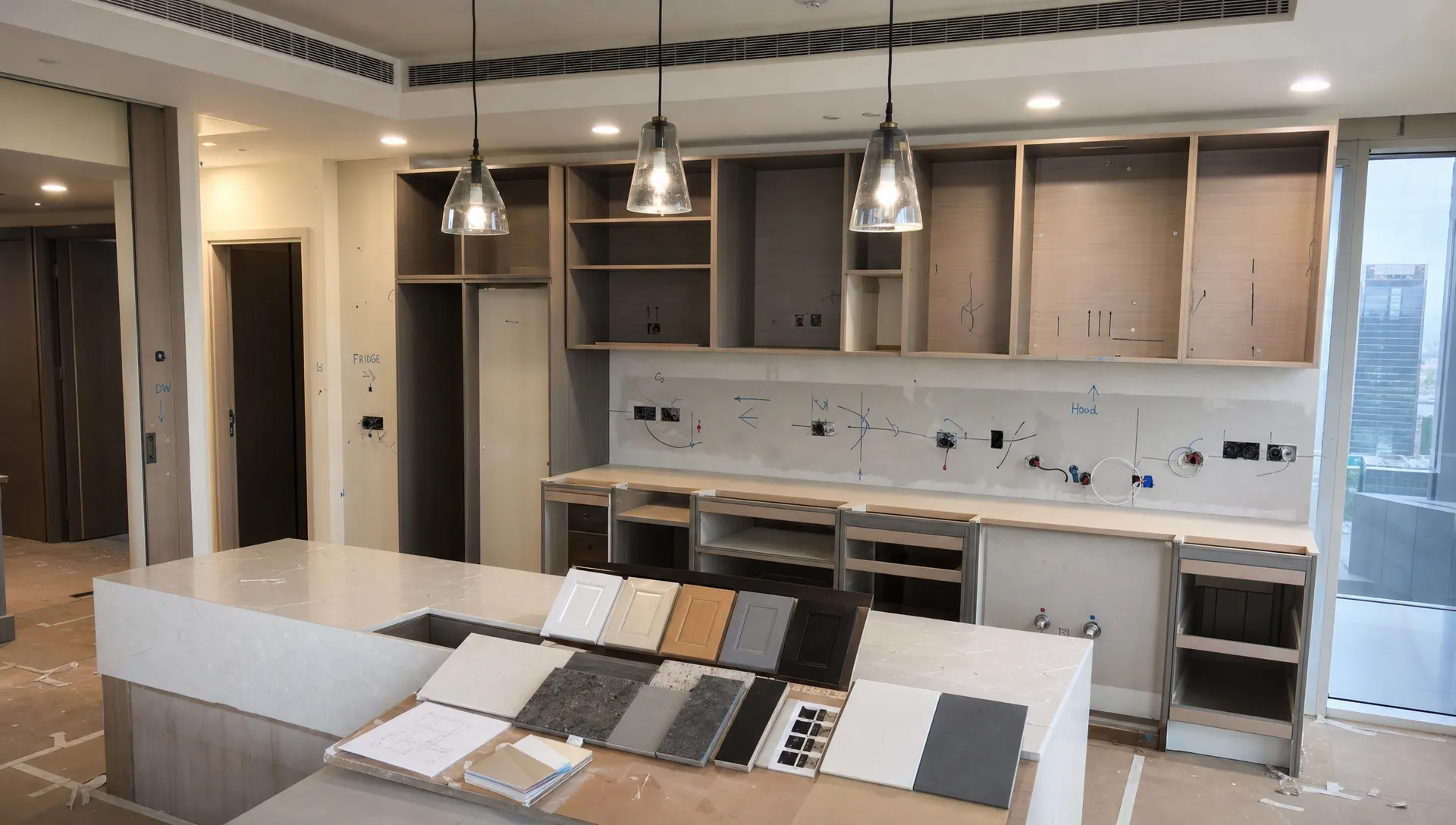 A modern kitchen renovation in a UAE home with cabinet samples, countertop slabs, lighting fixtures, and marked plumbing and electrical points visible before installation.