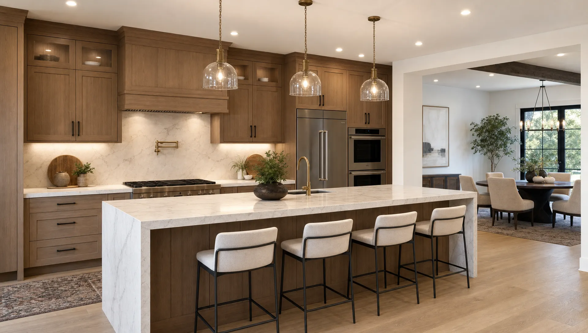 A modern renovated villa kitchen seen from the dining side, with a large central island, warm wood cabinets, stone countertops, pendant lights, built-in appliances, and a clear opening toward the adjacent dining area.