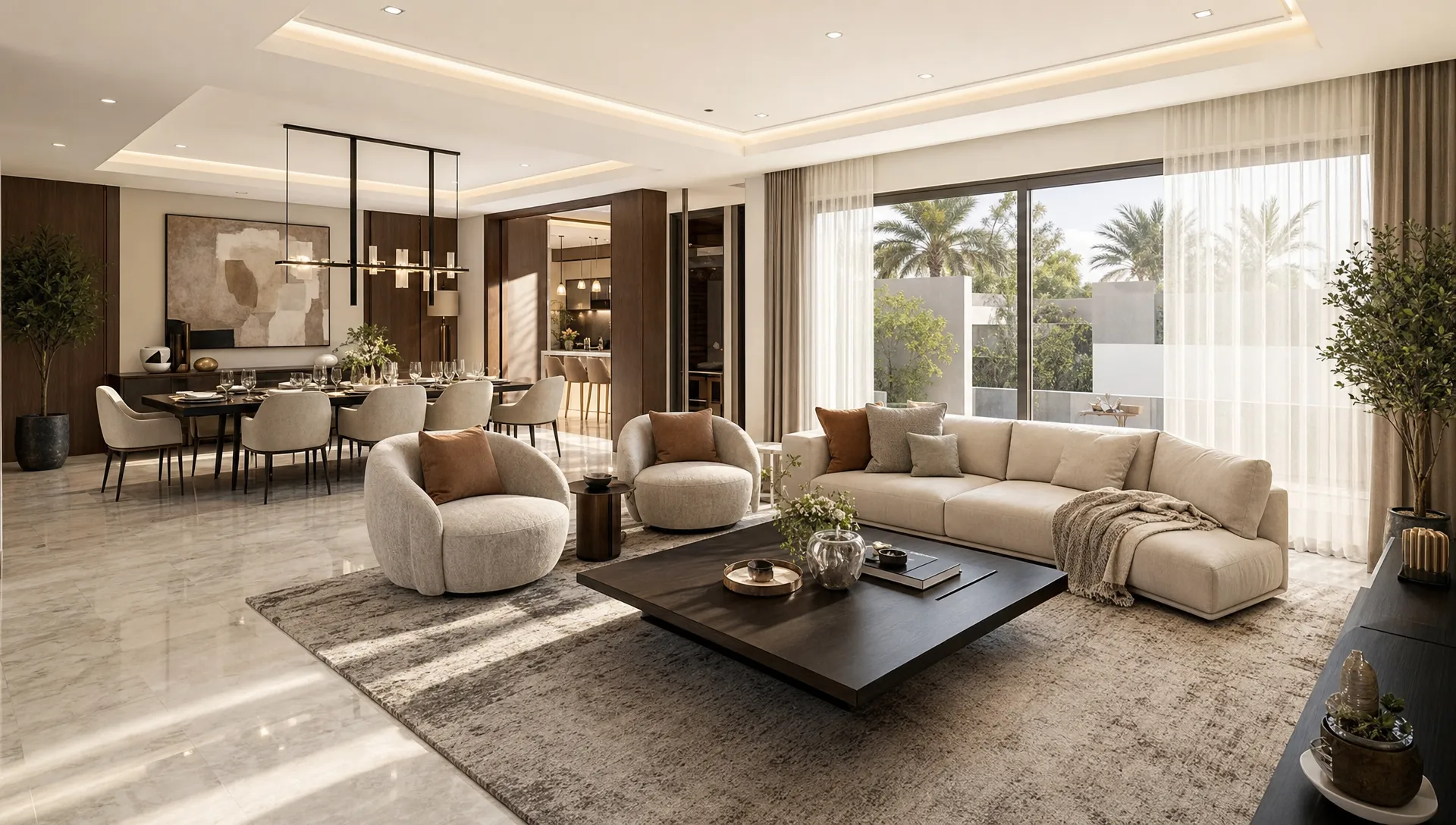 A modern UAE home interior with a bright open living and dining area, neutral stone flooring, warm wood wall panels, layered ceiling lighting, elegant seating, and large windows with soft curtains filtering sunlight.