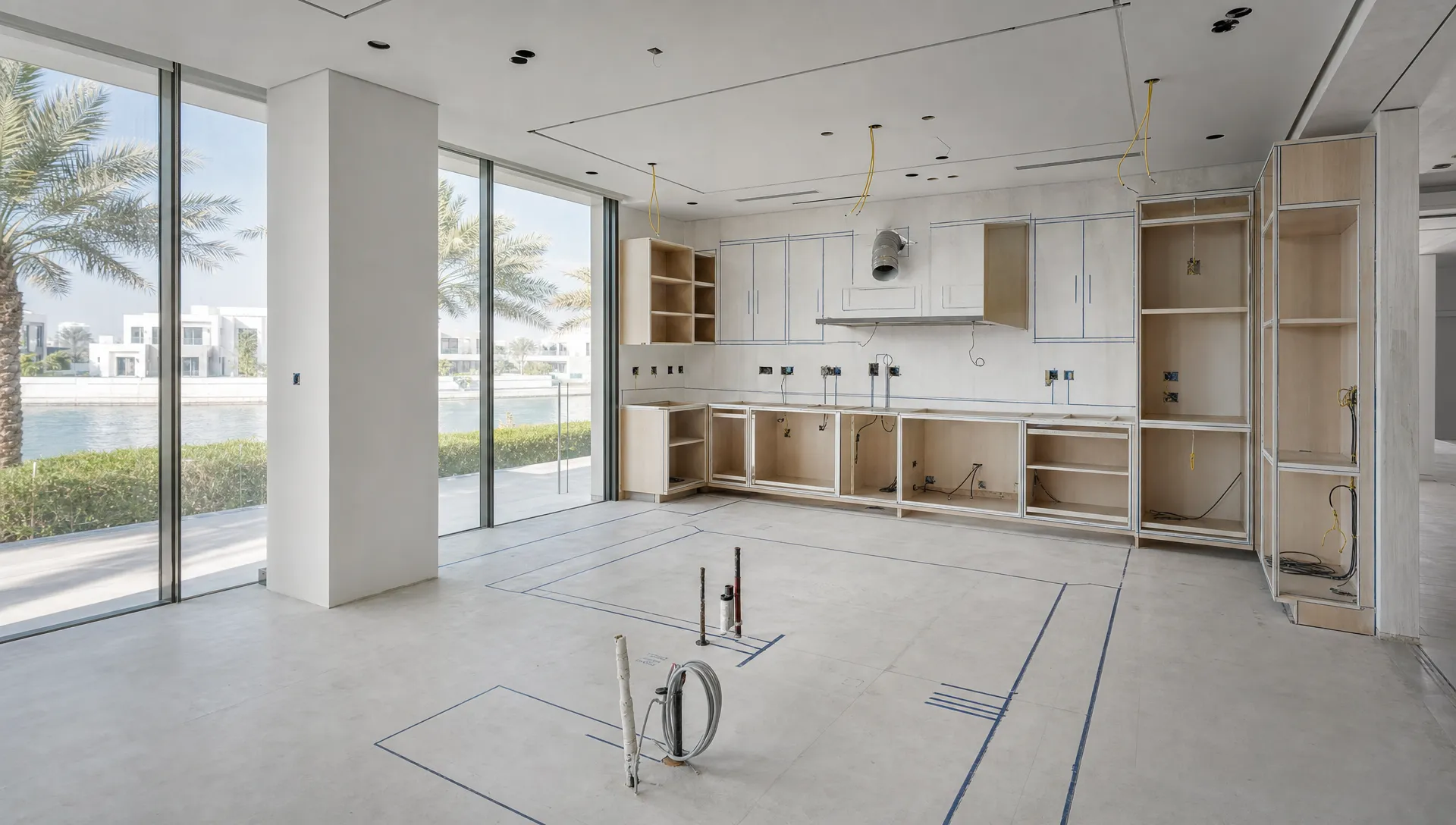 A modern UAE kitchen renovation in progress with cabinetry outlines, an island footprint marked on the floor, visible plumbing and electrical planning points, and natural light entering from large windows.
