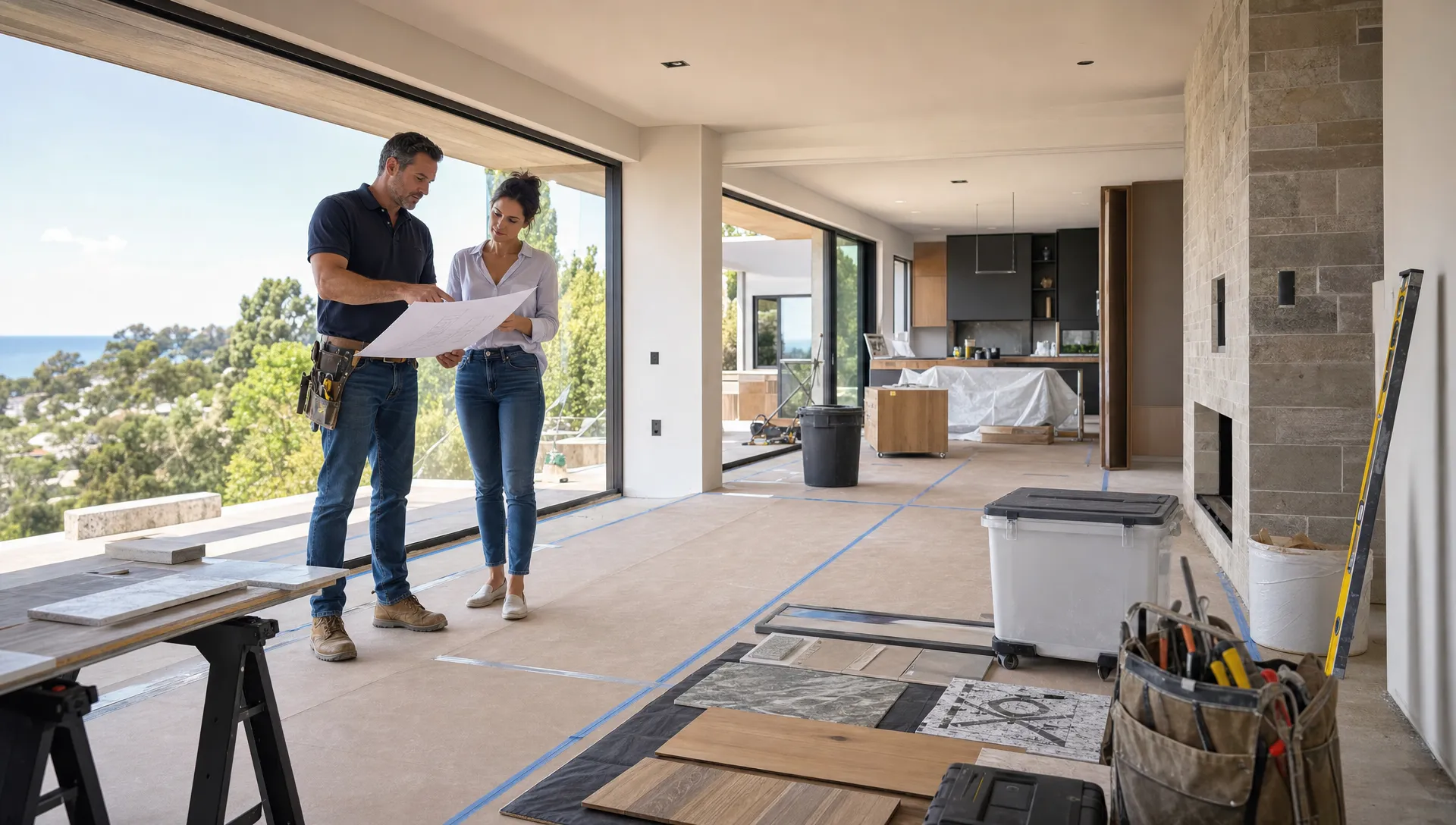 A modern villa renovation site with protected flooring, organized tools, material samples, and a contractor reviewing plans with a homeowner at the edge of a bright open living area.
