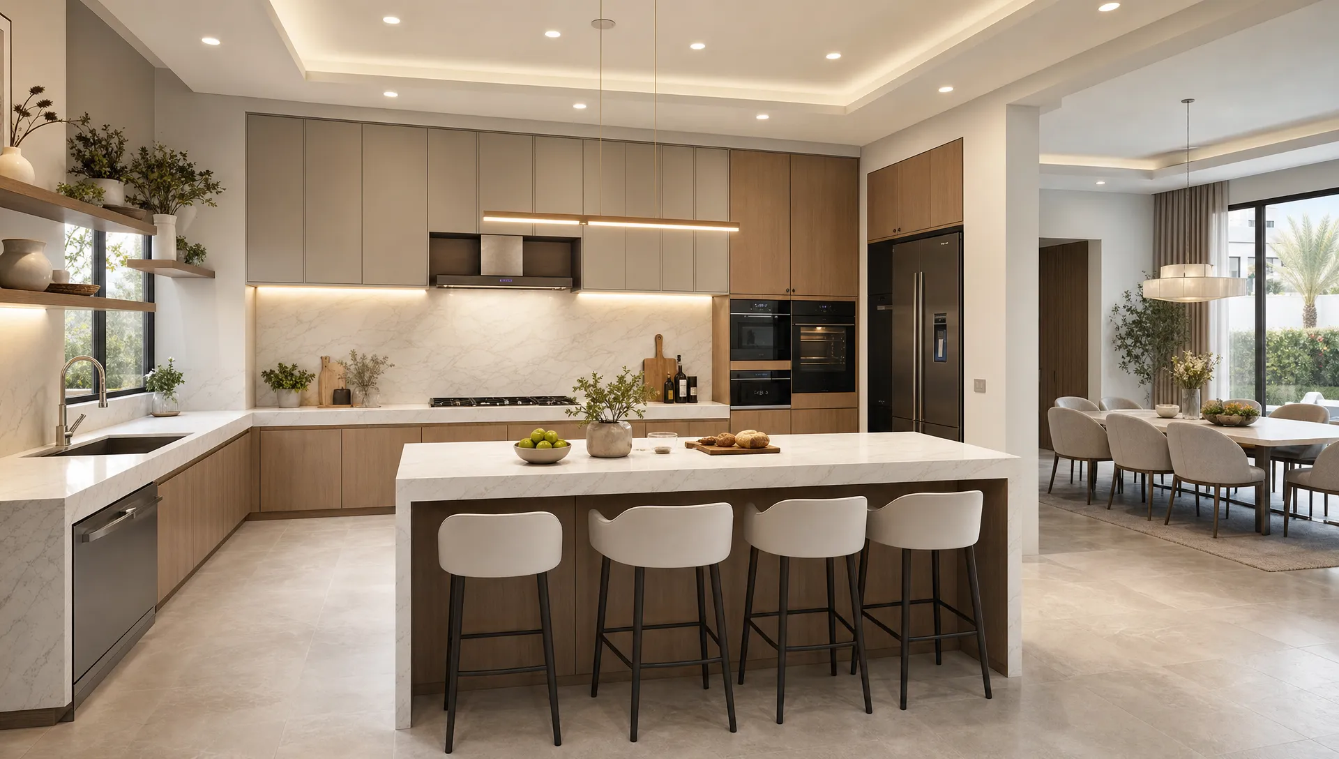 A newly renovated modern kitchen in a UAE villa with custom cabinets, stone countertops, warm under-cabinet lighting, neatly integrated appliances, and a clean open layout designed for family cooking and entertaining.