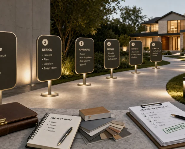A path of checkpoints leads from remodeling brief to approvals and final handover.