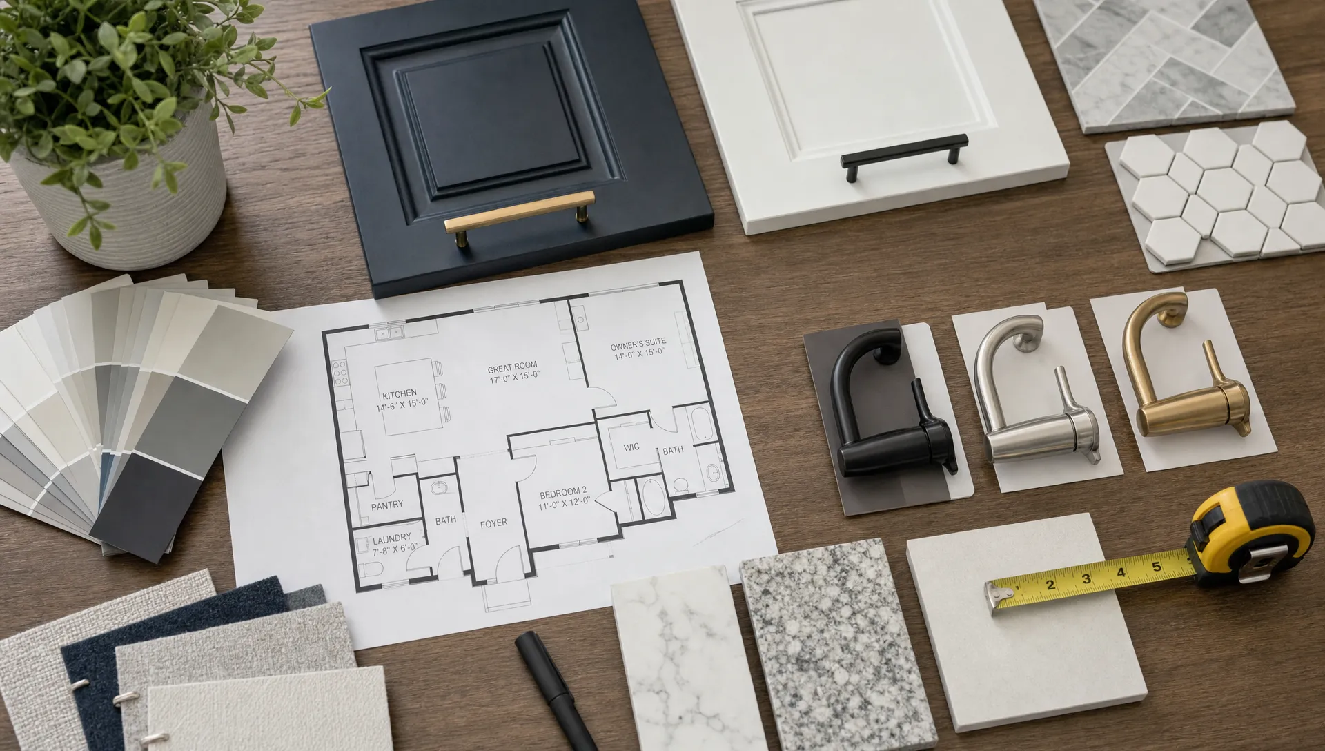 A planning table with kitchen cabinet samples, bathroom tiles, faucet finishes, a floor plan, a measuring tape, and material swatches for comparing renovation options.