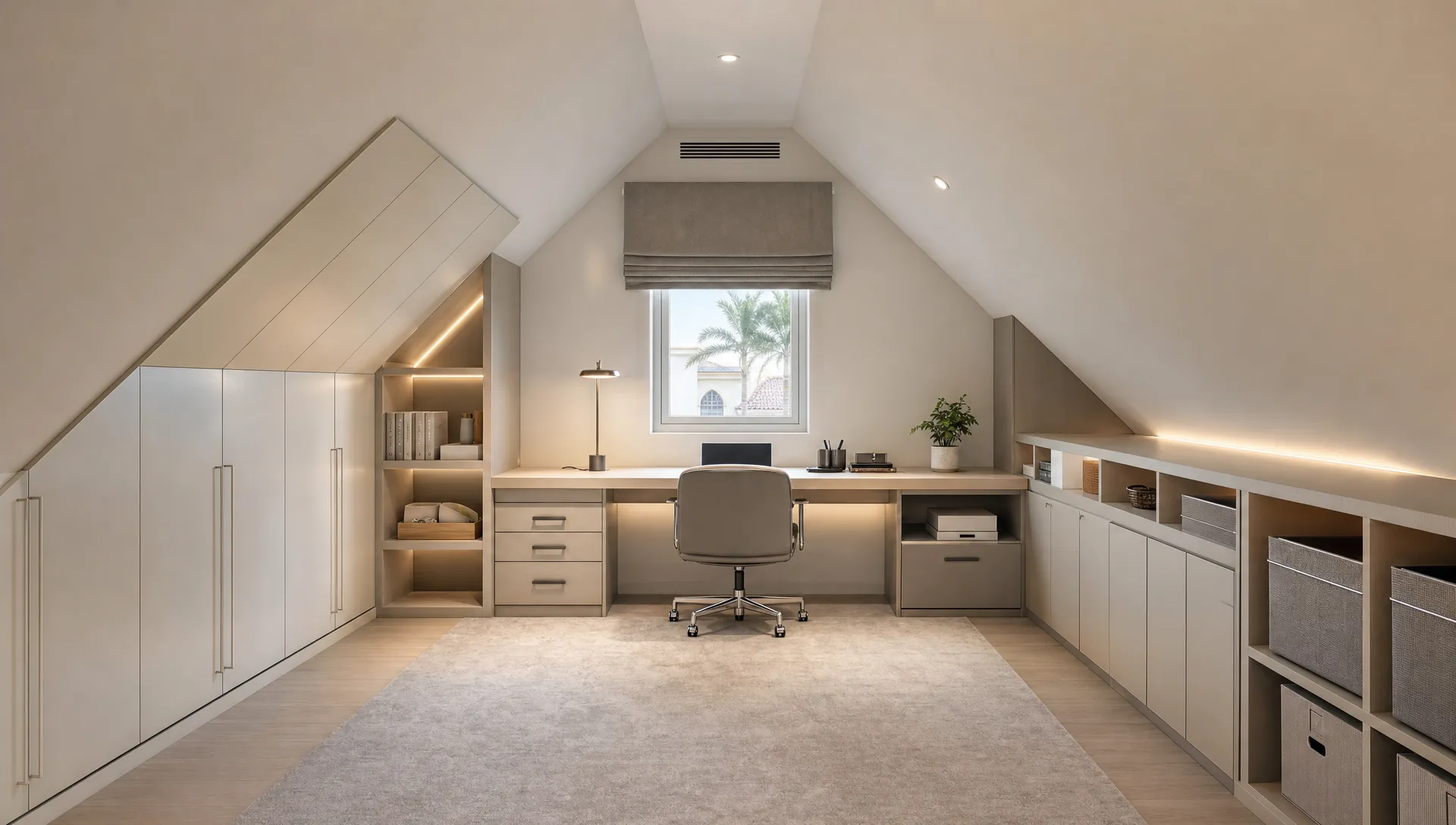 A remodeled attic in a UAE villa with a compact desk under the highest part of the roof, built-in cabinetry along the sloped walls, a small window bringing in daylight, and organized storage tucked into the lower edges.
