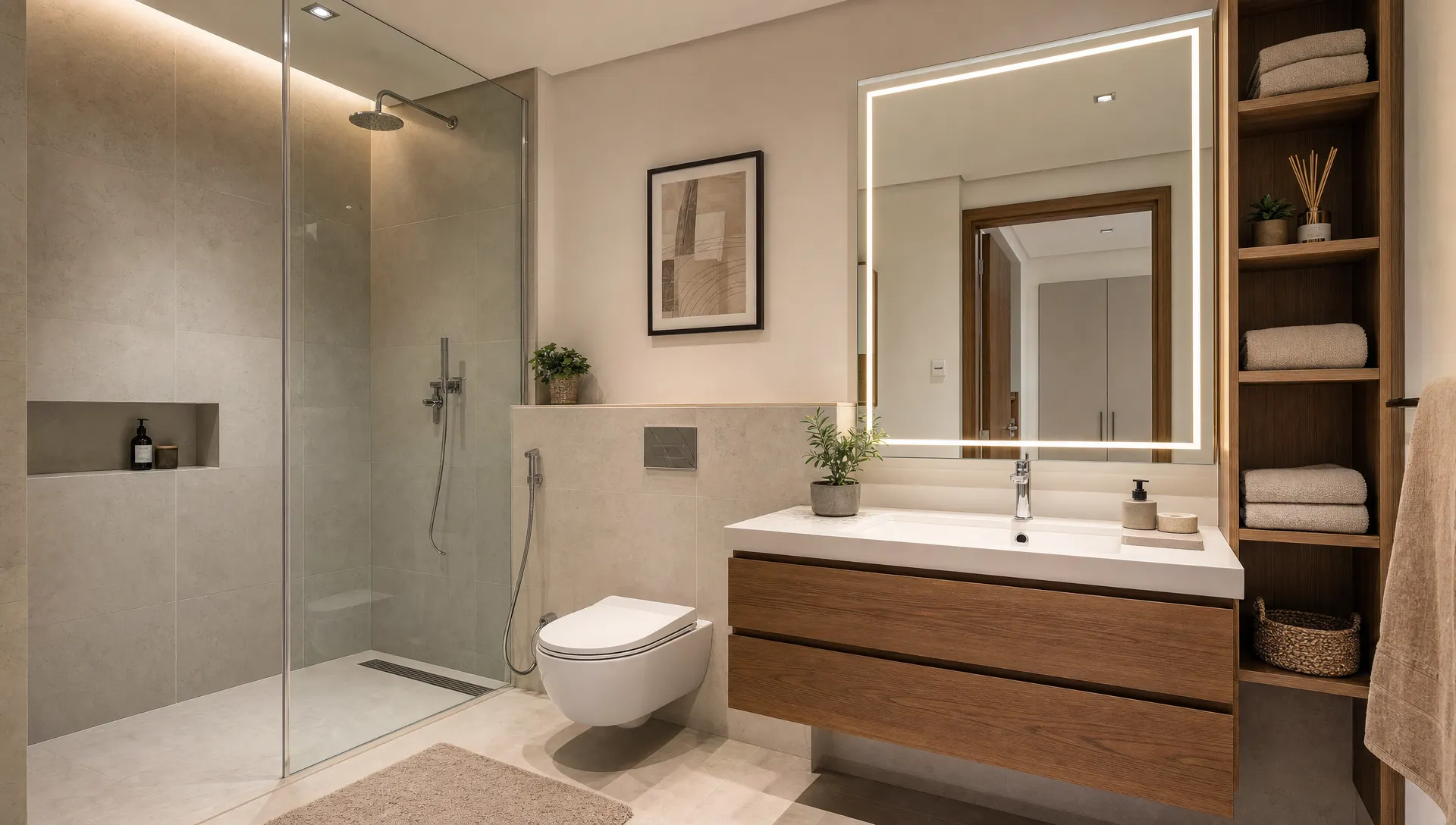 A renovated bathroom with a walk-in glass shower, floating vanity, porcelain tiles, and organized storage in a UAE home.