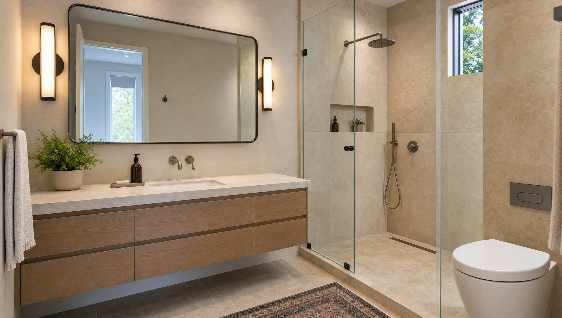 A renovated bathroom with warm stone tiles, a walk-in glass shower, a floating vanity and a large mirror.
