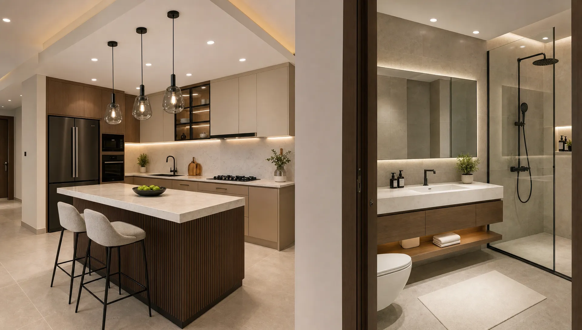 A renovated UAE kitchen with durable countertops and layered lighting sits beside a bathroom with large tiles, a floating vanity, and a glass shower screen.