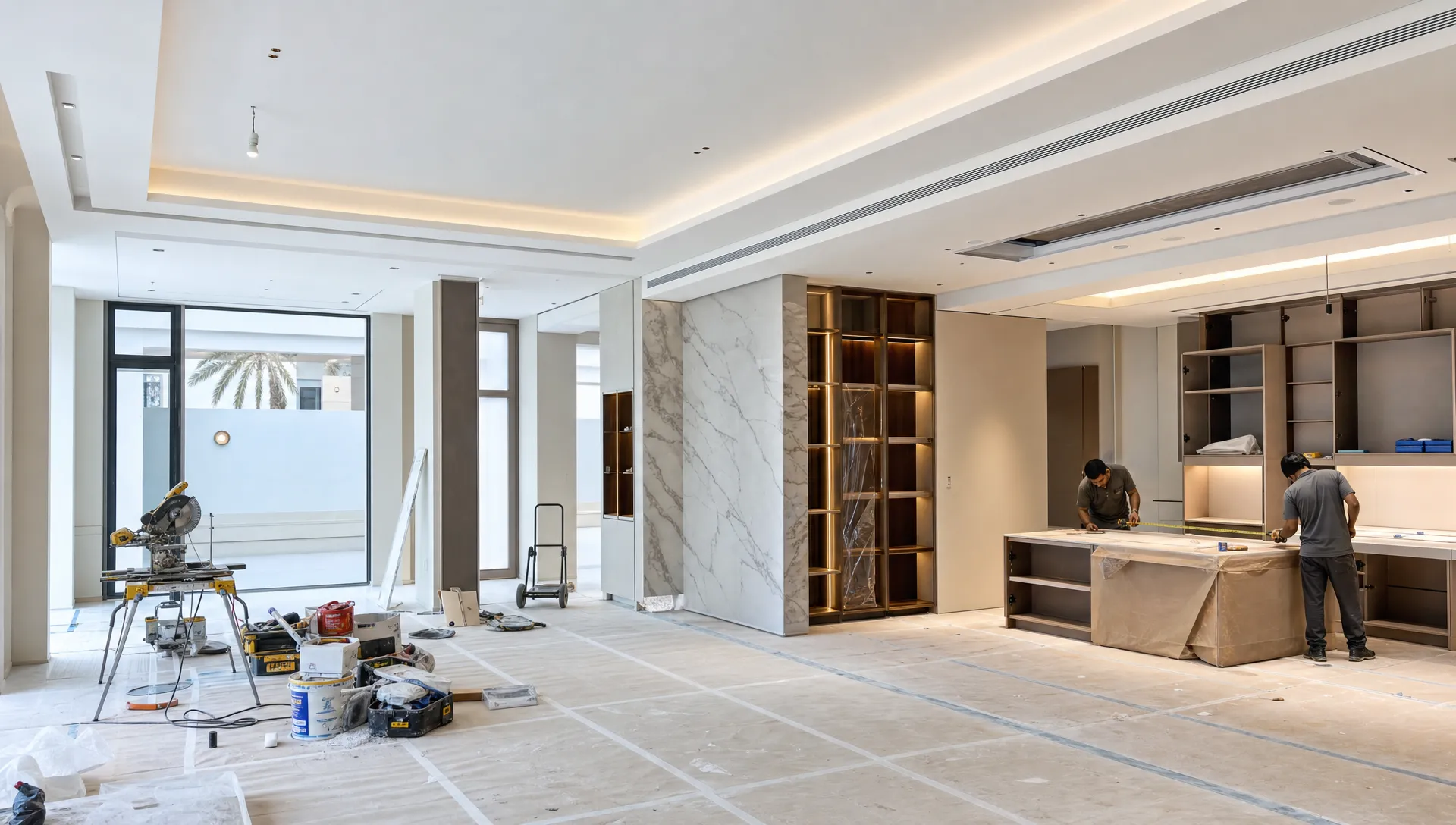 A renovated UAE villa interior under progress, with protected marble flooring, new wall finishes, organized tools, and workers measuring cabinetry in a bright open-plan living area.