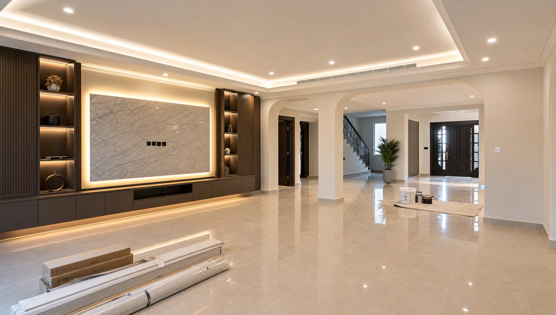 A renovated villa living area in the UAE shows fresh flooring, ceiling lights, built-in cabinetry and final installation materials.