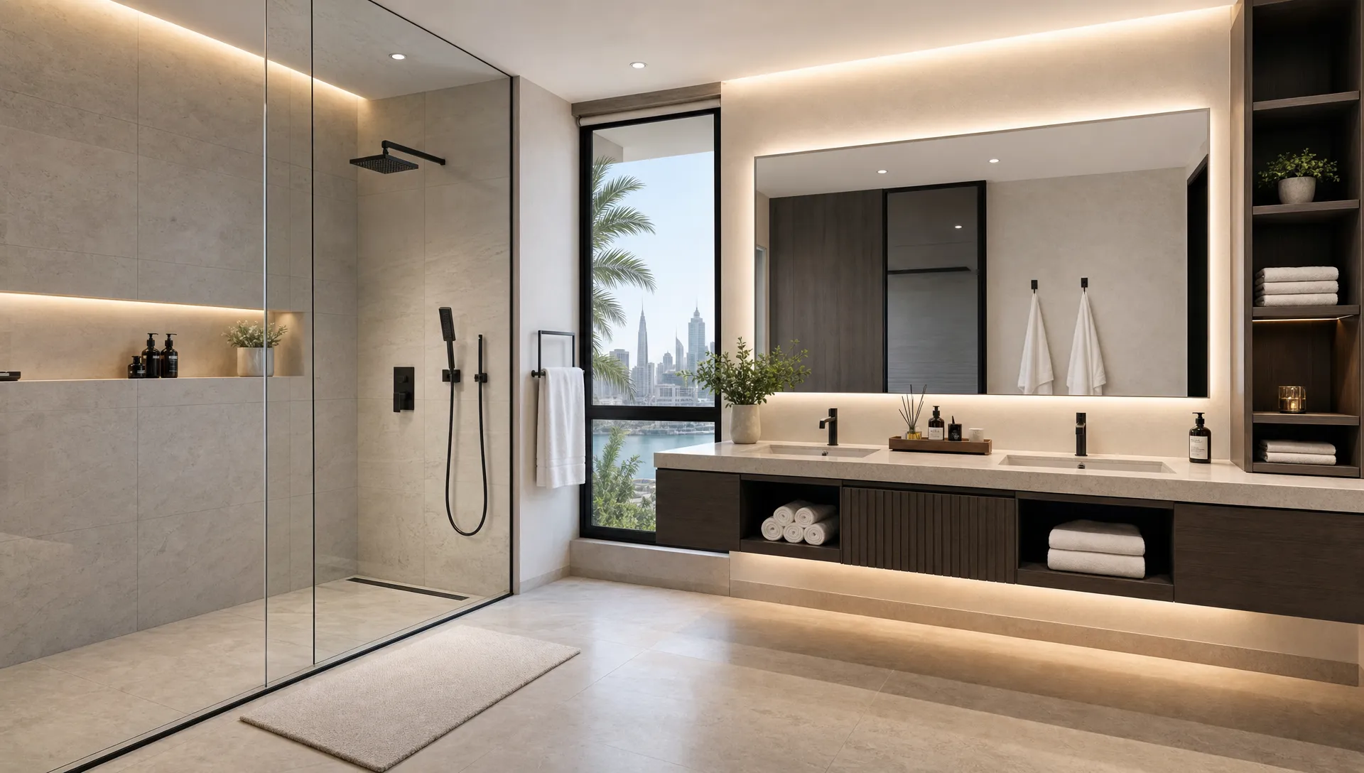 A spacious Dubai villa bathroom with large-format tiles, a walk-in glass shower, a floating double vanity, and neatly arranged storage.