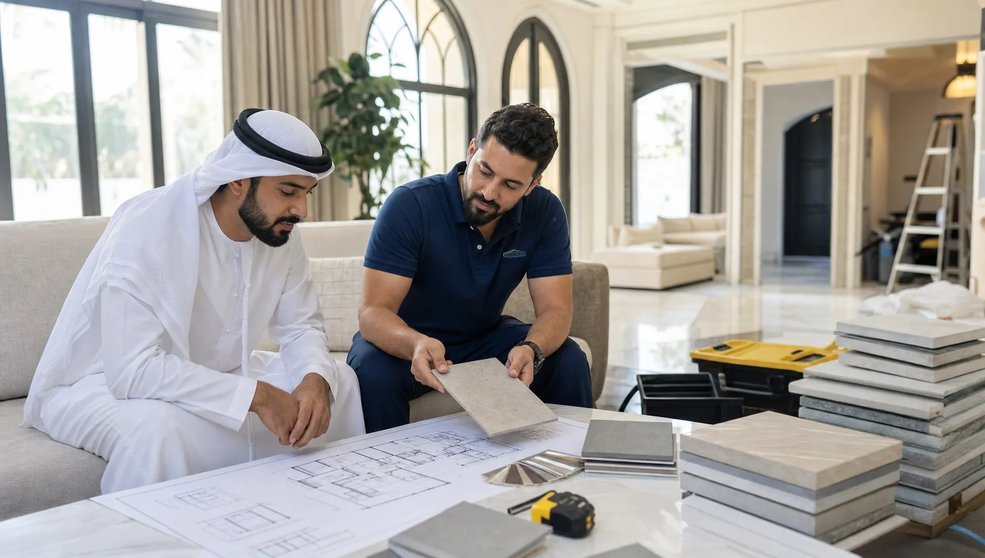 A UAE homeowner and renovation specialist reviewing material samples and floor plans inside a bright villa living room, with stacked tiles and renovation tools nearby.