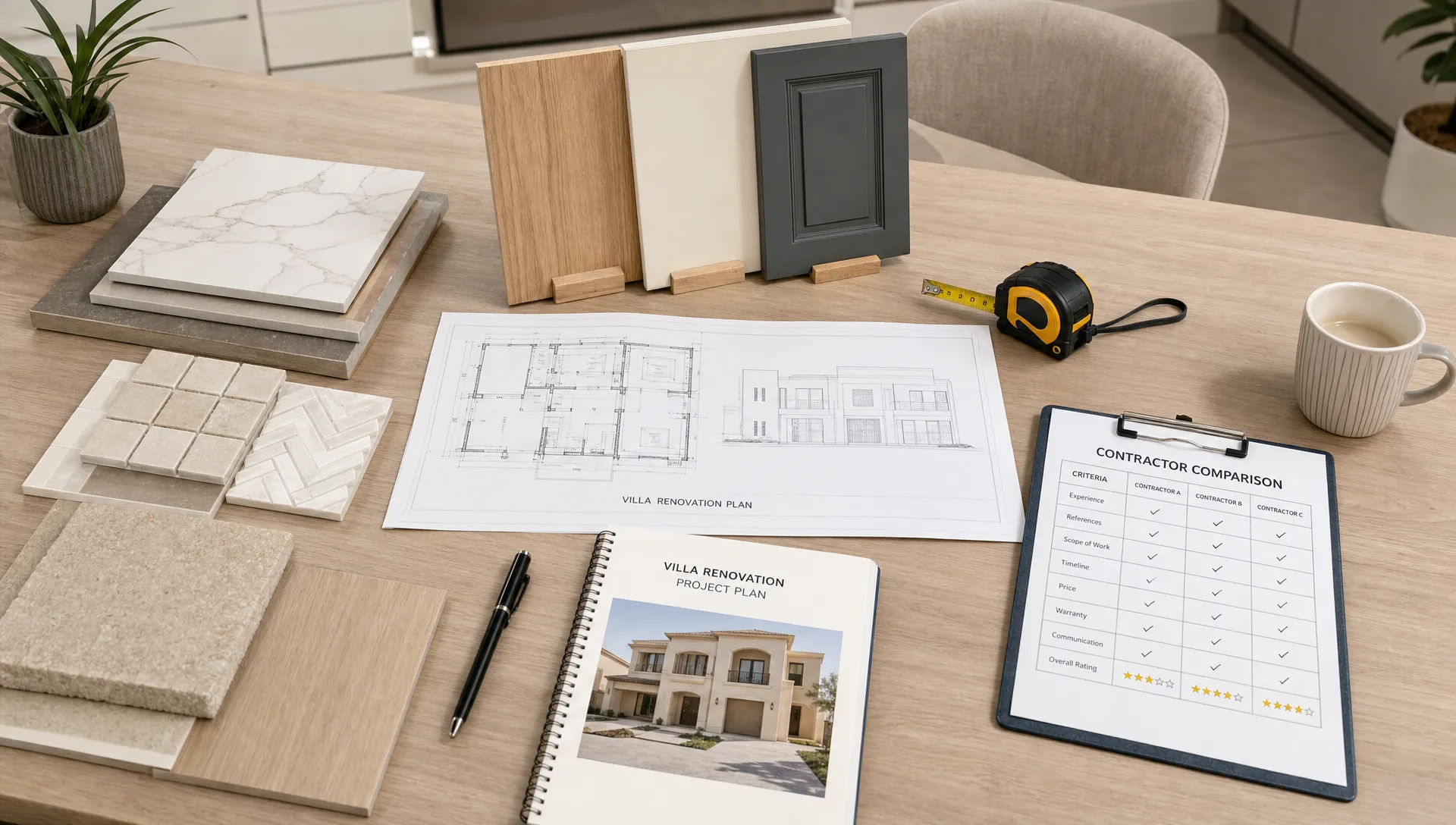 A UAE villa renovation planning table with tile samples, cabinet finish boards, a measuring tape, floor plans, and a contractor comparison checklist arranged neatly for review, seen from a slightly higher angle in a bright indoor workspace.