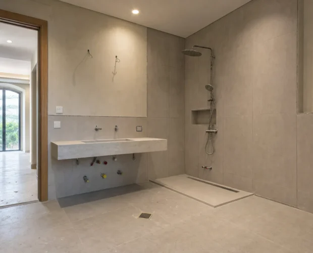 A villa bathroom renovation site shows exposed plumbing, a floor drain, and wall preparation.