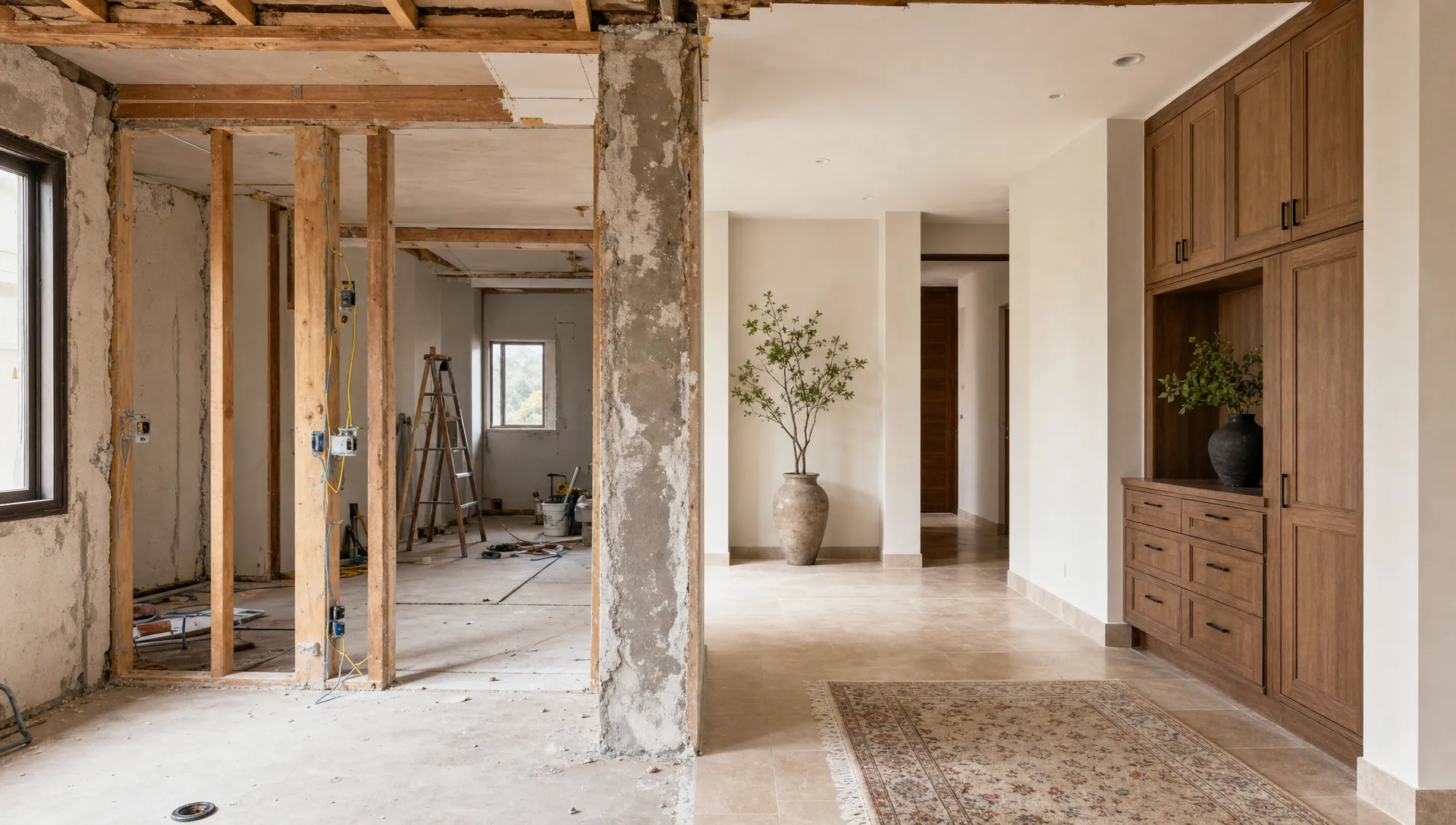 A villa renovation in progress with exposed wall work beside a finished room area and installed cabinetry.