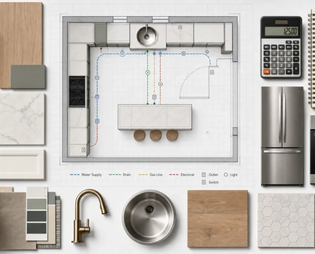 Abstract kitchen shapes and utility lines suggest planning and budgeting for an IKEA kitchen renovation.
