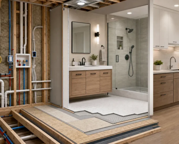 An open wall section and finished kitchen and bathroom details showing the hidden work behind a renovation.