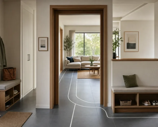 Connected doorway frames and a low partition suggest smoother movement in a renovated home.