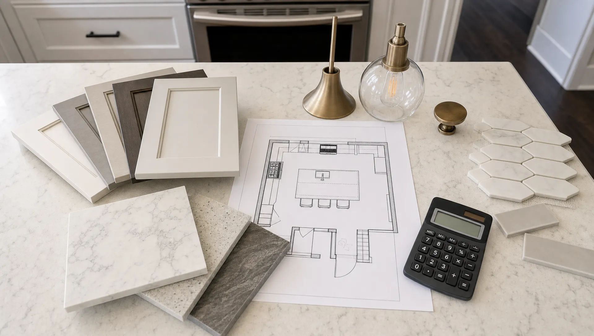 Countertop samples, cabinet swatches, a floor plan, lighting samples, and a calculator are arranged on a kitchen island for remodel planning.