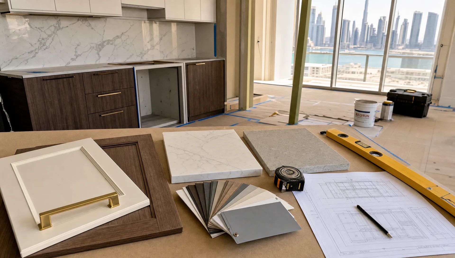Kitchen cabinet samples, countertop swatches, floor protection and tools arranged on a work surface during a Dubai renovation.
