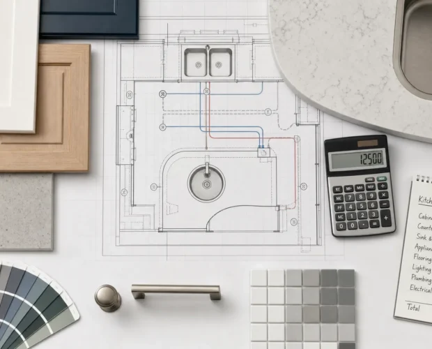 Kitchen cabinet shapes, tile grids, and service lines form a technical planning pattern.