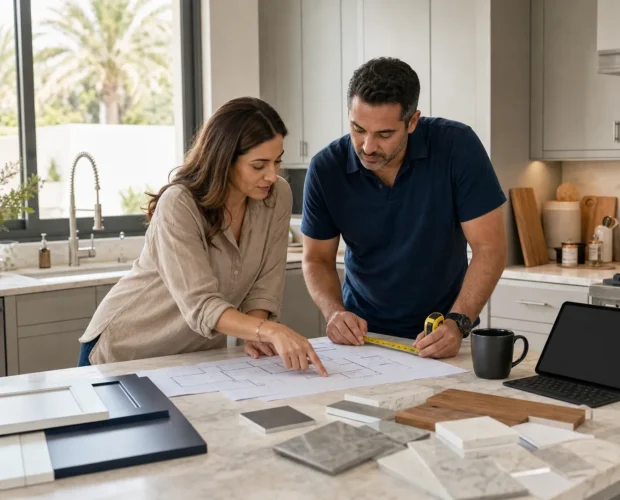 Two adults review a kitchen remodel plan at the island in a UAE home.