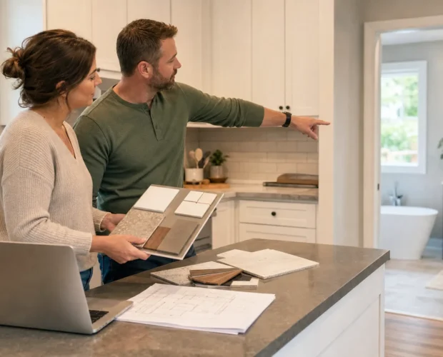 Two adults review kitchen renovation priorities in a home where the bathroom update is part of the same plan.
