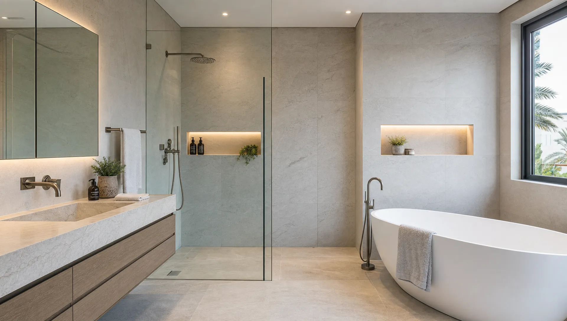 A bright modern UAE bathroom features a walk-in glass shower, freestanding bathtub, recessed niches, and stone-look tile after a remodel.