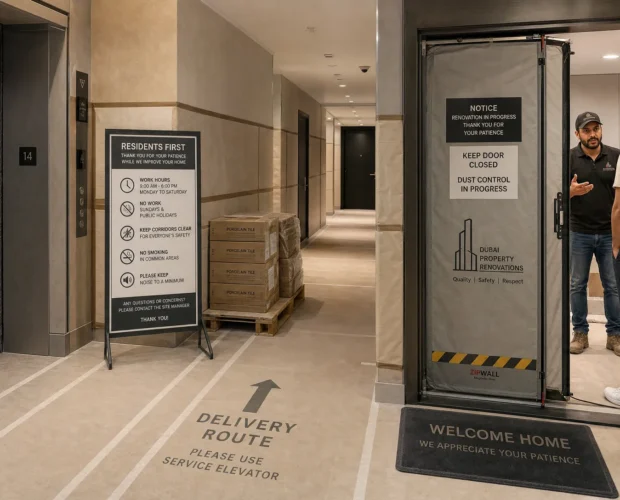 A Dubai apartment corridor shows padded elevators, protected corners, and a contractor briefing at the unit doorway for a remodeling project.