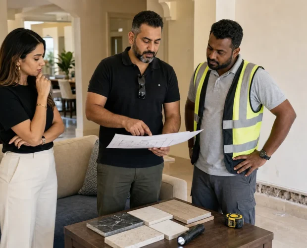 A homeowner and renovation team review the refurbishment scope inside an older Dubai villa living room.