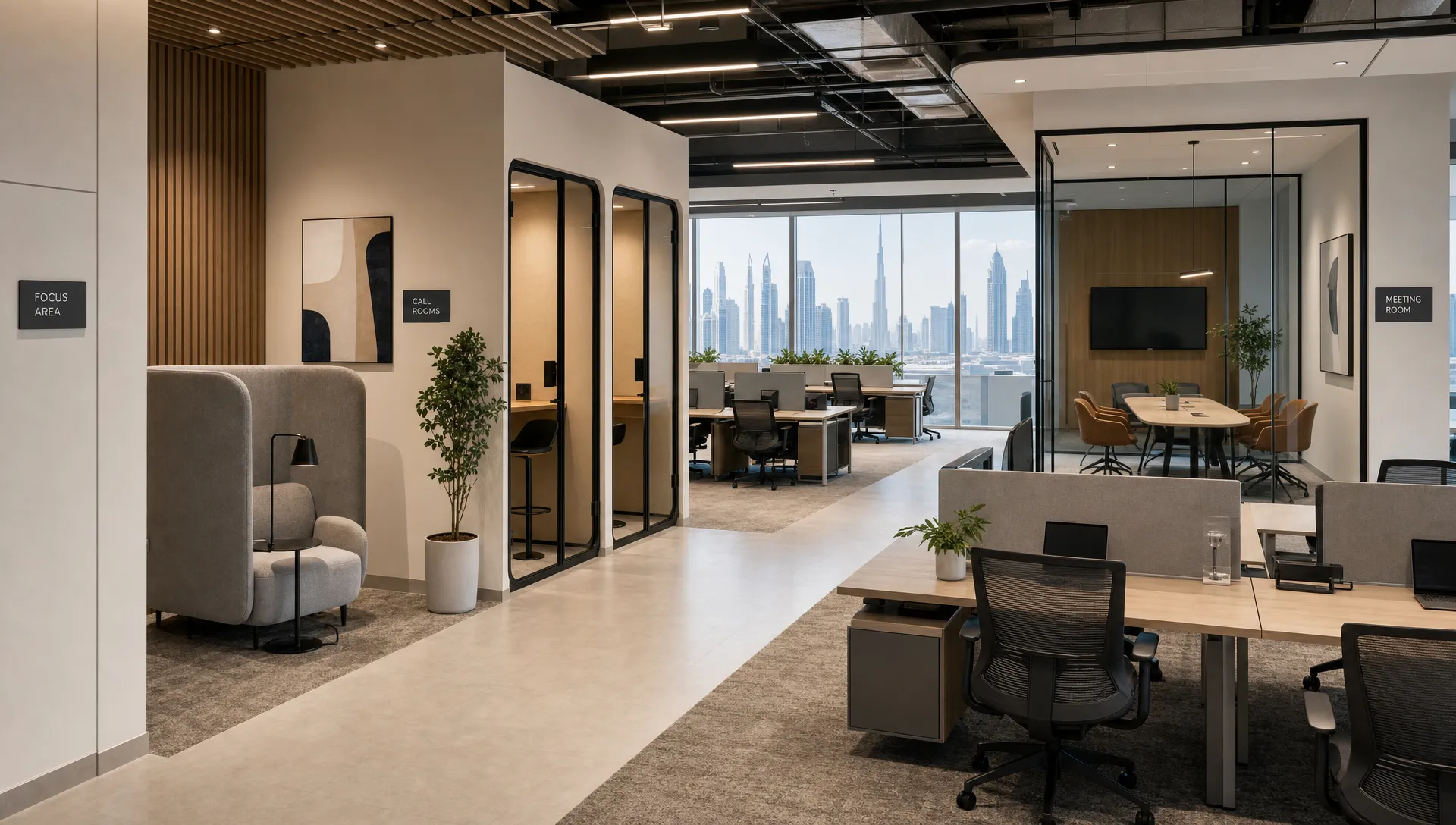 A modern UAE office layout shows flexible desks, call rooms, a quiet focus area, and a small meeting room being planned for hybrid teams.