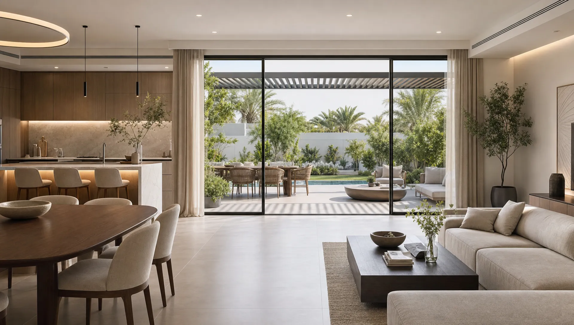 A renovated UAE villa interior with durable flooring, neutral cabinetry, layered lighting, and a shaded outdoor terrace beyond.