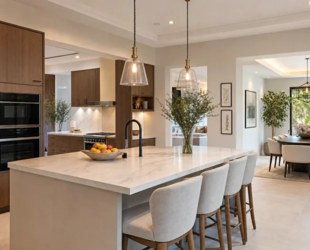 A renovated UAE villa kitchen with an island, full-height cabinets, a prep area, and a dining nook that shows how the space supports family cooking and entertaining.